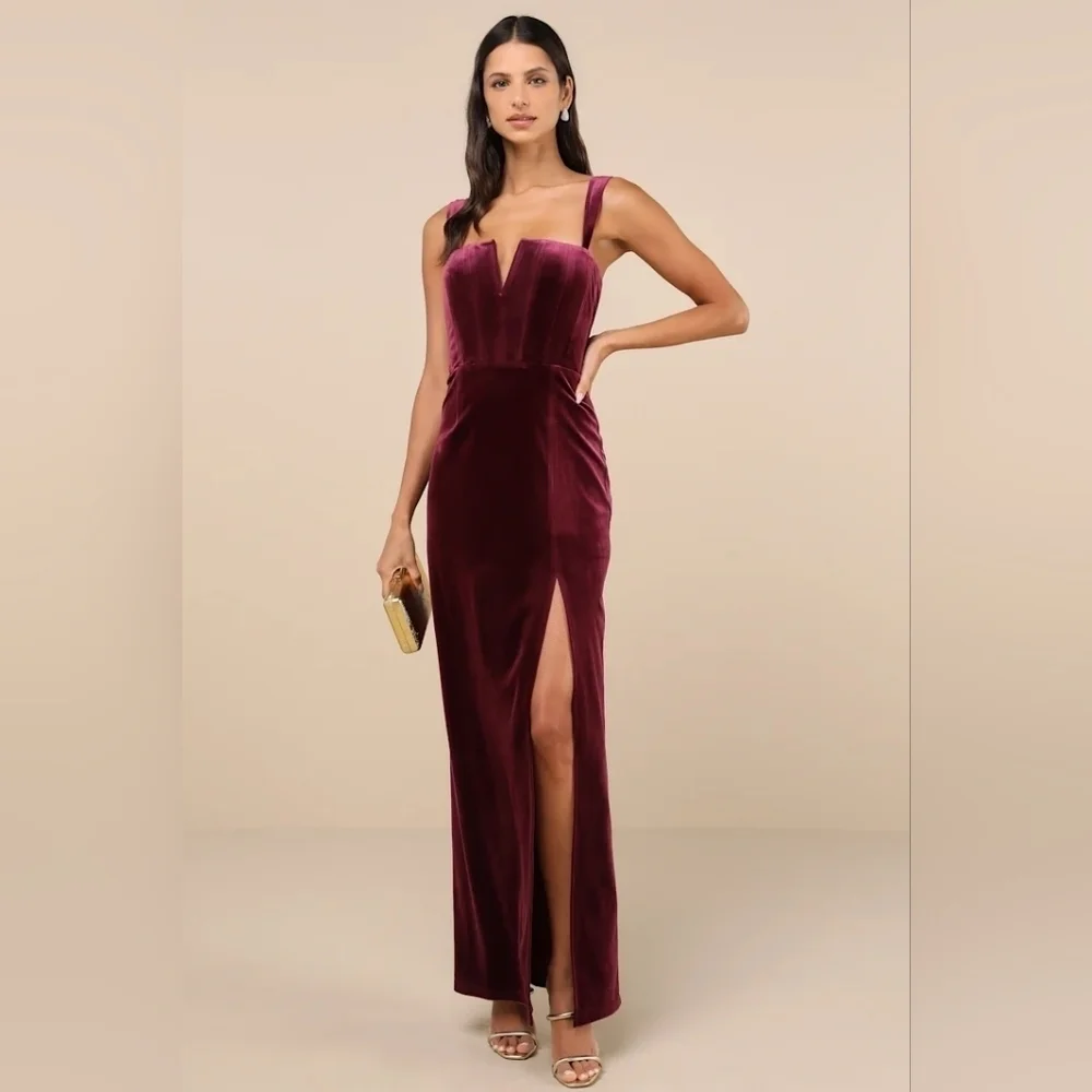 Lulus Pristine Luxury Dark Berry Velvet Bustier Maxi Dress S Wedding Party - Picture 2 of 10